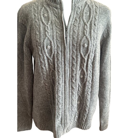 Alfred Dunner Womens Medium Light Blue Full-Zip Cable Knit Sweater/Cardigan - Picture 2 of 7